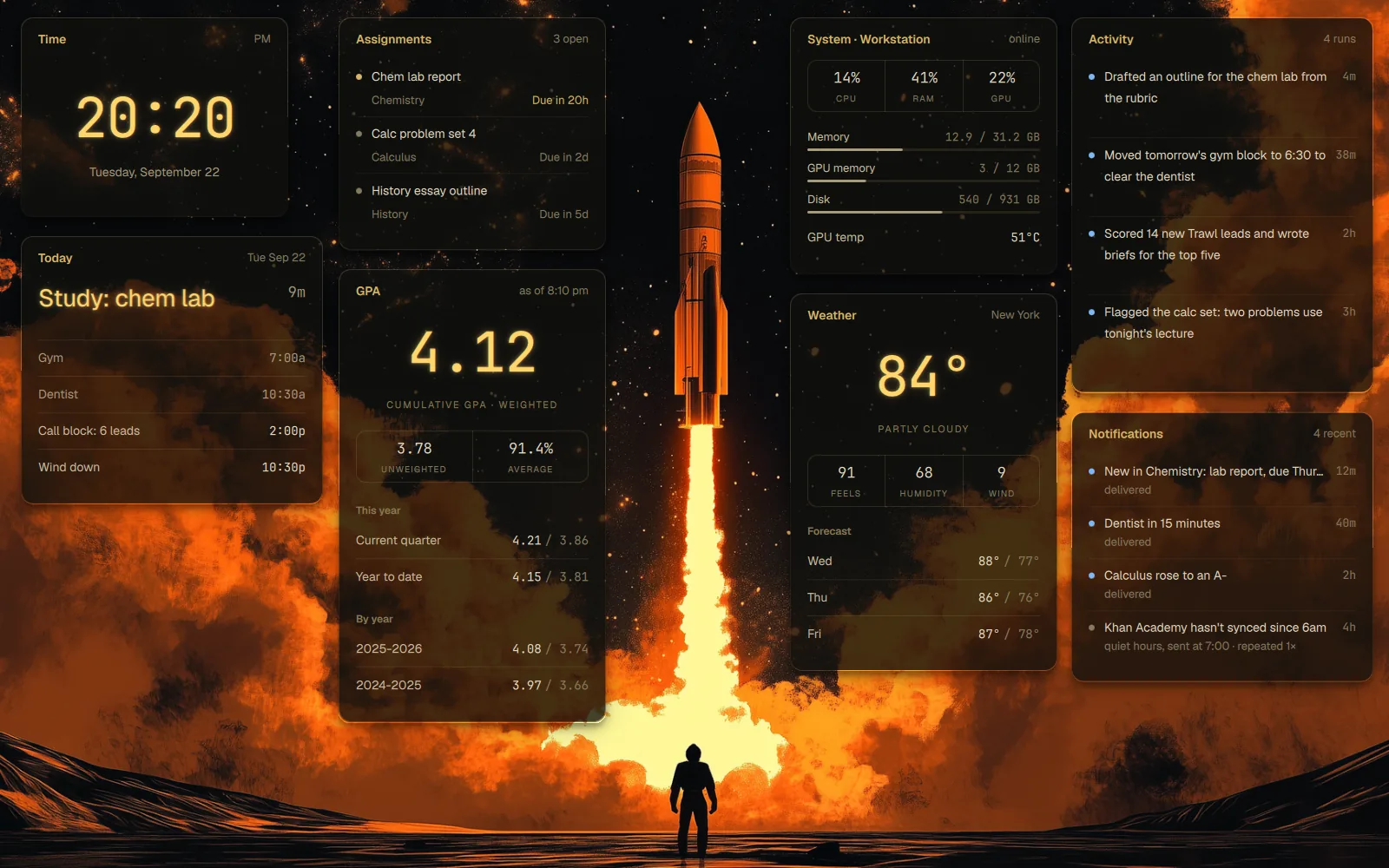 Keelson desktop over a rocket-launch wallpaper, with example data: the time, today’s calendar, assignments due, GPA, system load, weather, Bram’s activity log (starting with drafting an outline for a chem lab), and recent notifications.
